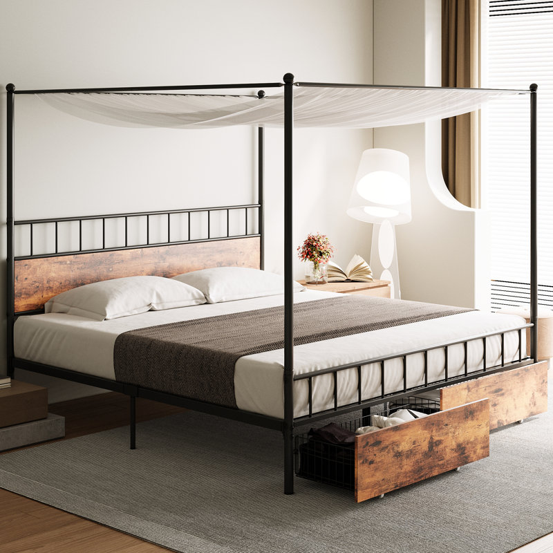 17 Stories Bagryana Industrial Style Rustic Brown Wooden Metal Frame Storage Canopy Bed with Headboard and Drawers Reviews Wayfair